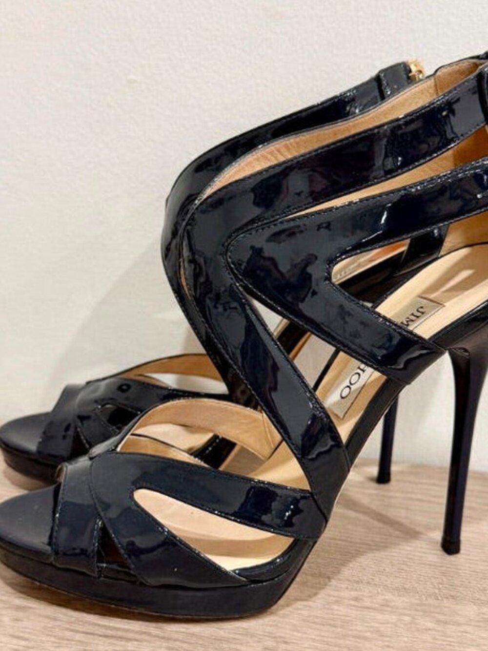 Jimmy Choo Patent Leather Caged Strappy High Heels Navy Blue